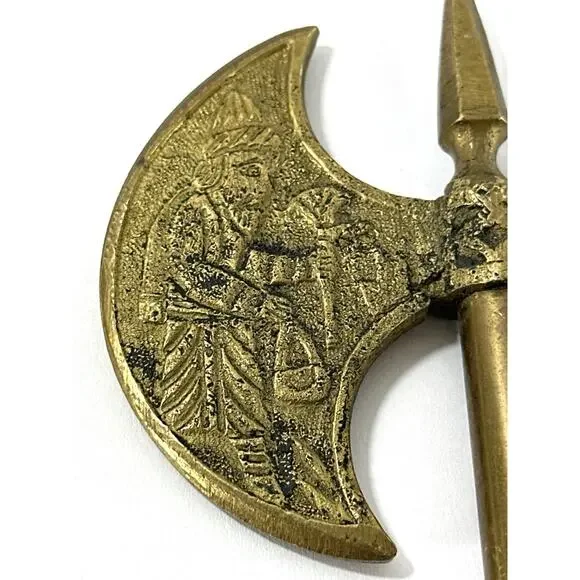 Vintage Brass Medieval Decorative Poleaxe Knight Engraved Axe Halberd 14” - Picture 7 of 8